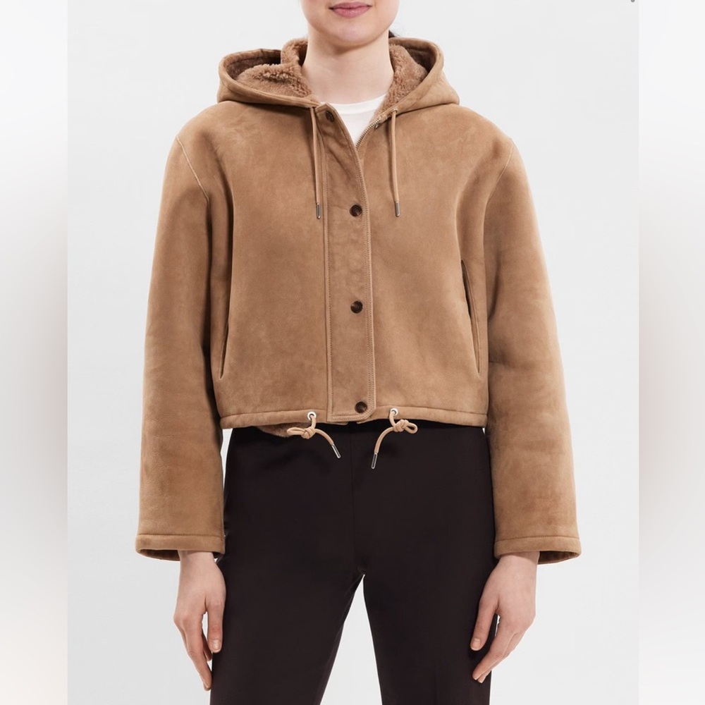 THEORY***100% Lamb Shearling Reversible Cropped Hooded Parka Coat***small $2395